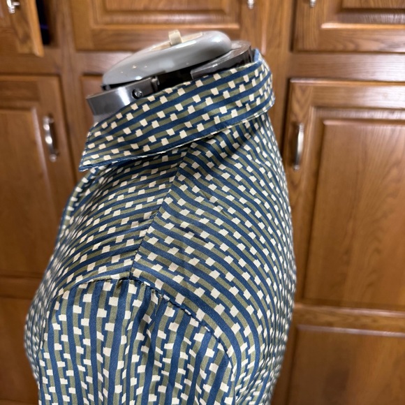 J. McLaughlin Green Blue Geometric Silk Shirt Dress Drawstring Waist L - Picture 11 of 13